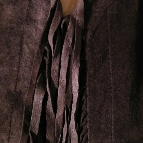 Chico’s Brown Leather Suede Collarless Jacket Coat Topper with Fringe Trim - Picture 11 of 16